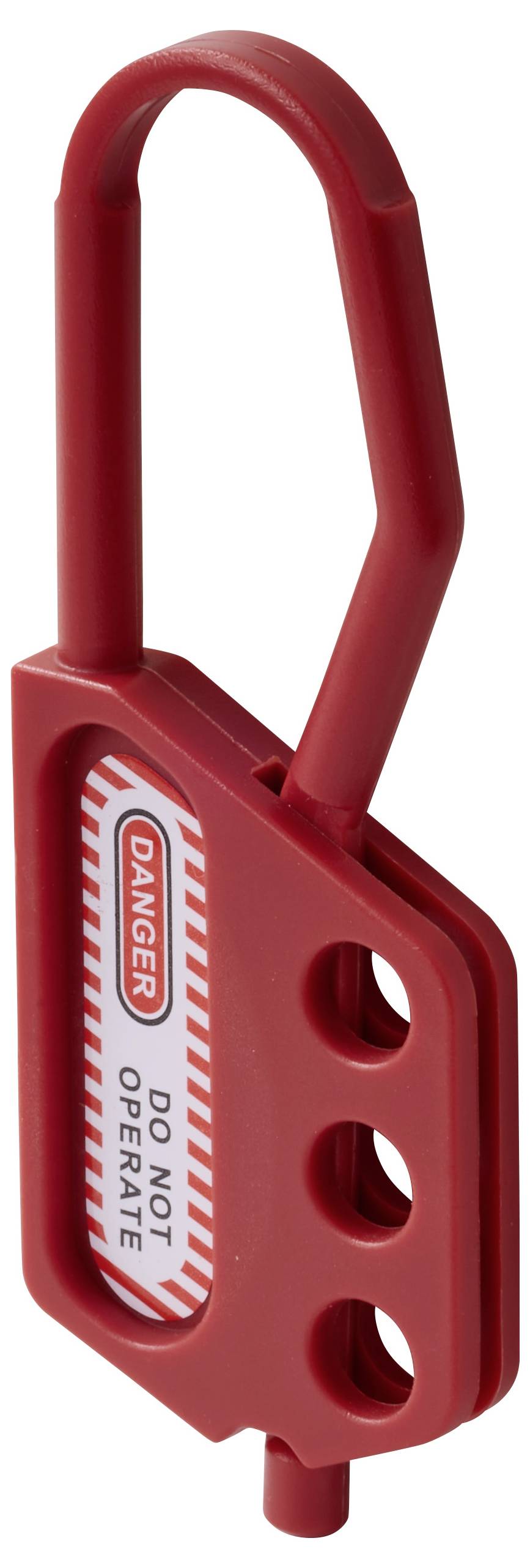 Rote Sperrvorrichtung mit einem Etikett, das die Aufschrift "Gefahr: Nicht bedienen" trägt, entwickelt zum Sichern von Maschinen während Wartungsarbeiten.