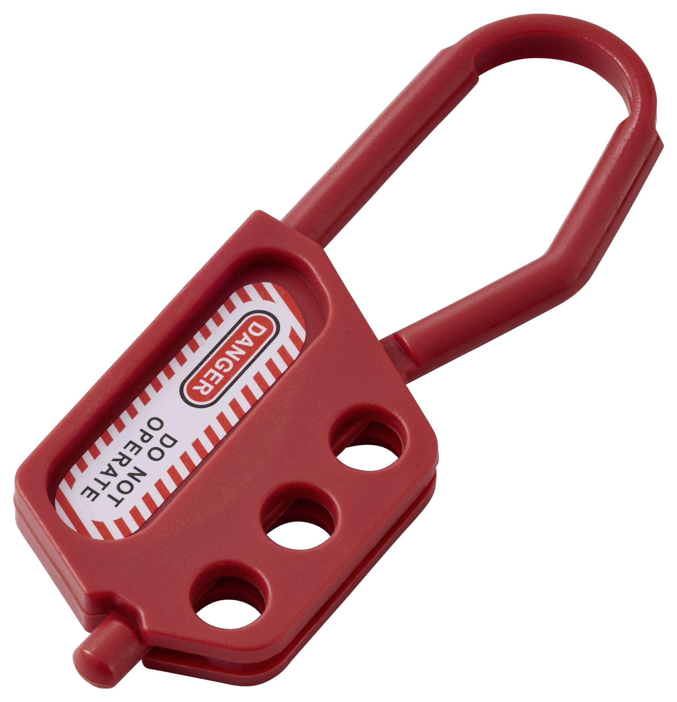 Rote Ausschlusssperre mit Aufschrift "Gefahr - Nicht bedienen", mit mehreren Löchern für Vorhängeschlösser, die verwendet wird, um Ausrüstung während Wartungsarbeiten sicher zu sichern.