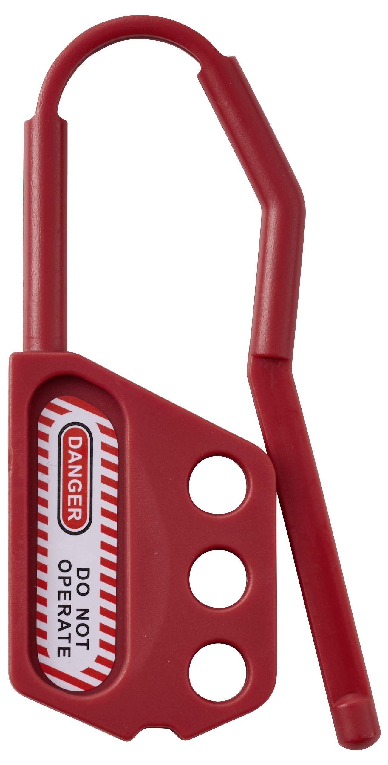 Rote Sperrvorrichtung mit einem Schild, auf dem "Gefahr - Nicht bedienen" steht, mit mehreren Löchern zum Sichern von Vorhängeschlössern zur Gewährleistung der Sicherheit.