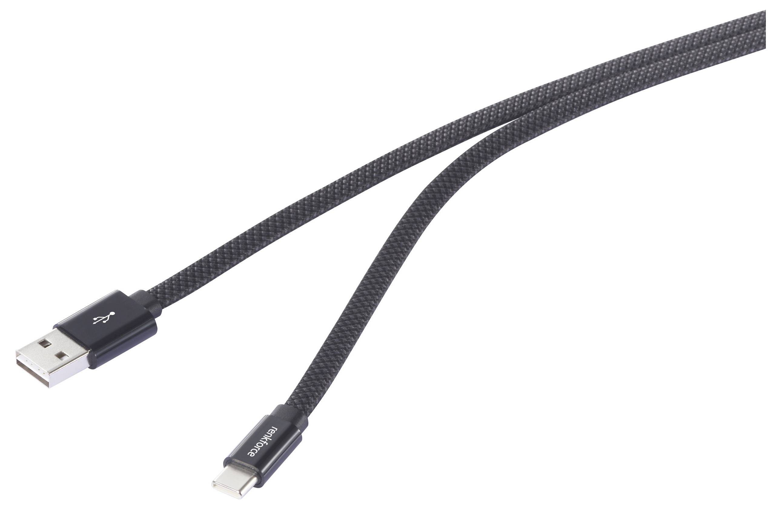 Ein schwarzes geflochtenes USB-Kabel mit einem USB-A-Anschluss an einem Ende und einem USB-C-Anschluss am anderen Ende.