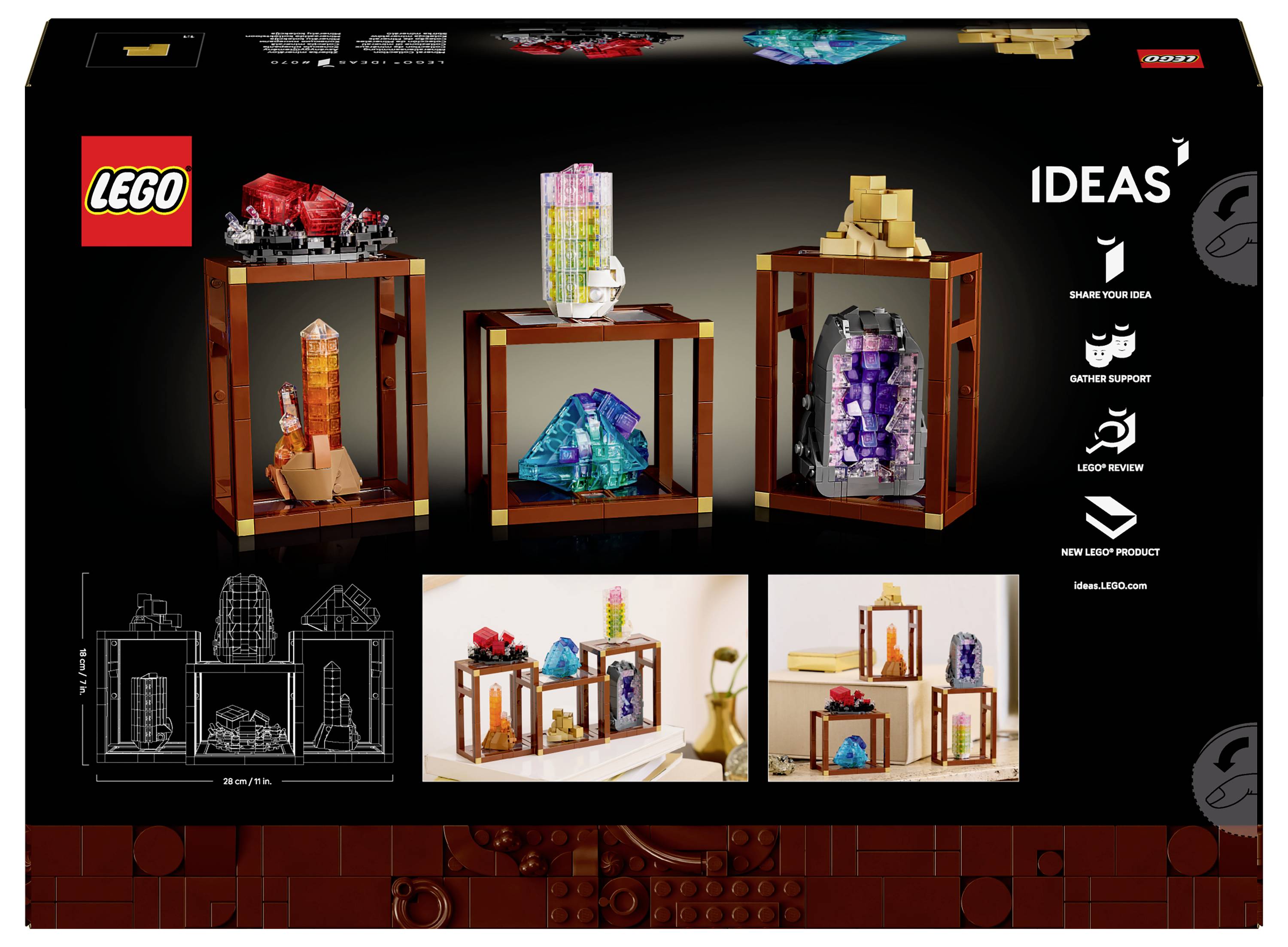 Verpackung des 'Lego IDEAS' Sets, die drei Vitrinen mit farbenfrohen, kristallartigen Strukturen aus Lego-Steinen zeigt.