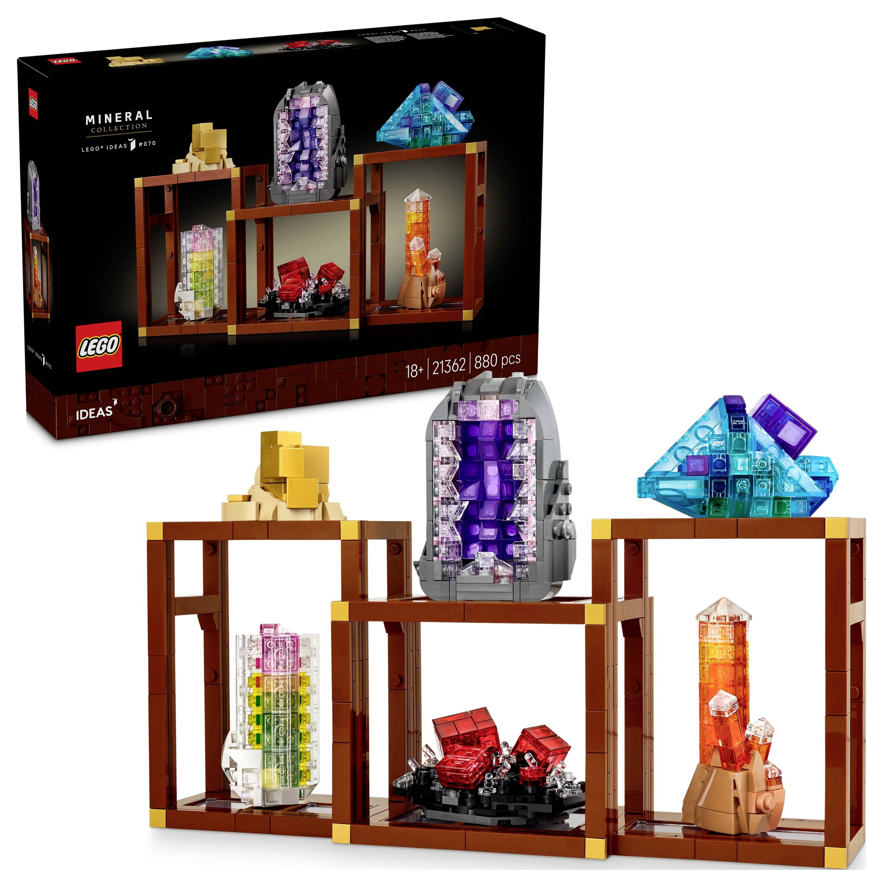 Lego Ideas-Set mit mineralthematischen Modellen auf Holzständern, mit farbenfrohen Kristallen und Steinen. Schachtel zeigt die zusammengesetzte Ausstellung.