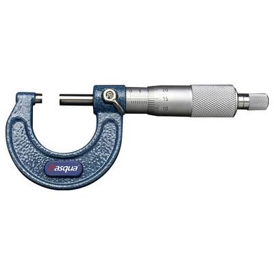 Ein blauer Metallmikrometer mit markierter Skala für präzise Messungen, ausgestattet mit einem silbernen gerillten Griff, der Marke 'Dasqua'.