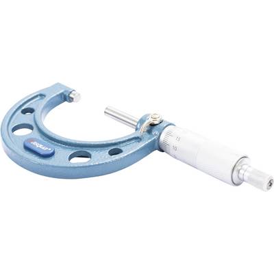 Ein blauer Metallmikrometer mit Messmarkierungen und einem Ratschenstopp am Griff, verwendet zur präzisen Messung kleiner Abstände.