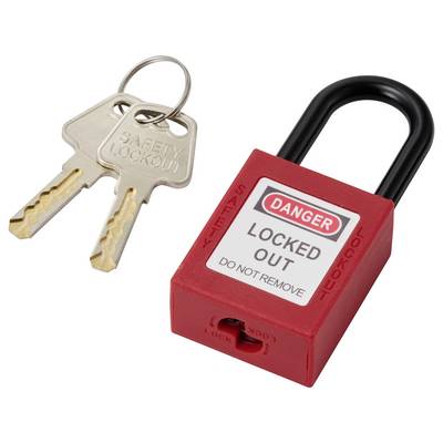 Rotes Schloss mit einem Schild "Gefahr - Gesperrt" und zwei Sicherheitsschlüsseln daneben.