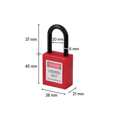 Roter Sicherheitsvorhängeschloss mit Beschriftung "GEFAHR GESPERRT NICHT ENTFERNEN", mit Maßen: Körper 45x38x21 mm, Bügel 20 mm breit, 37 mm hoch.