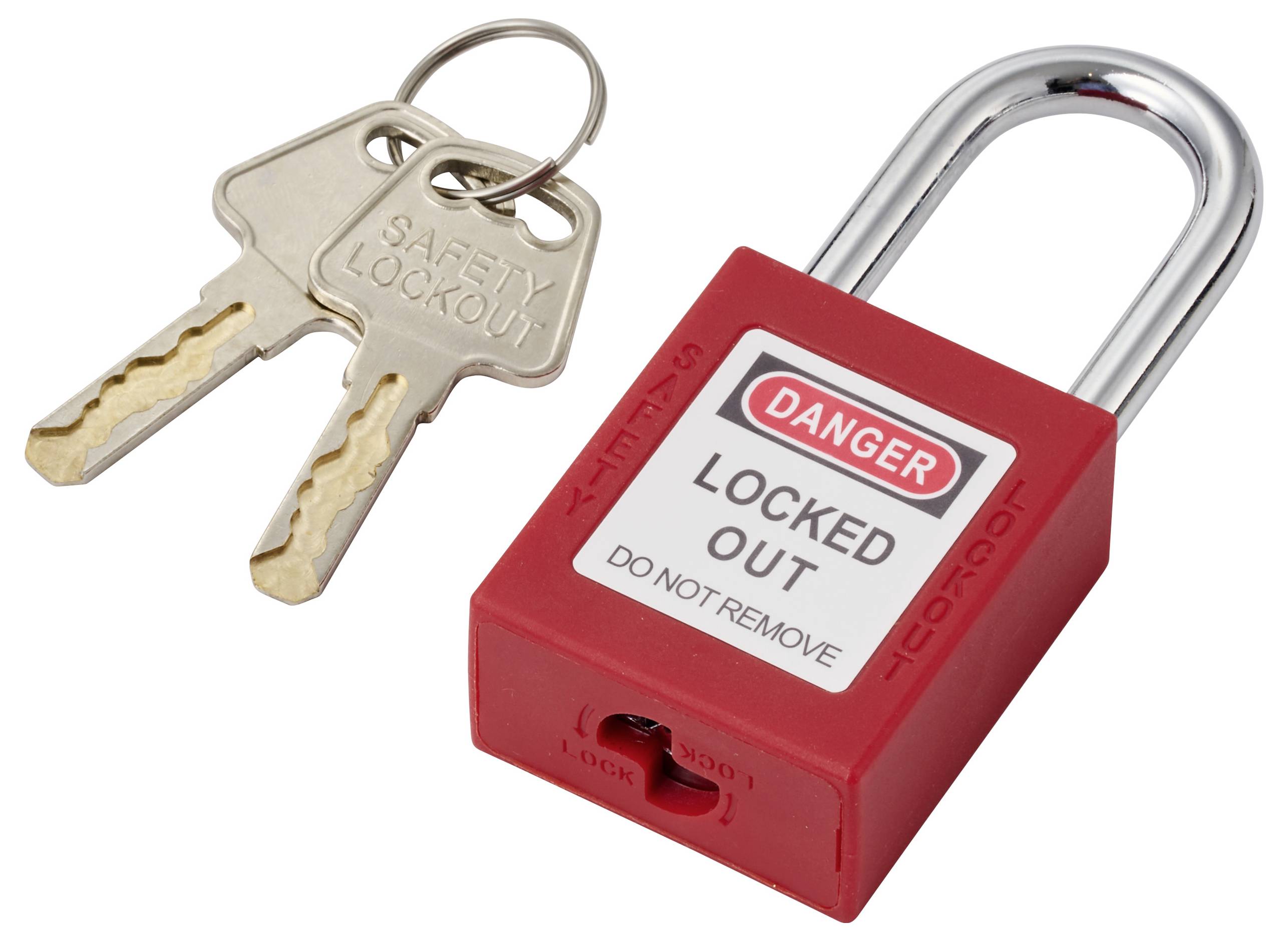 Roter Vorhängeschloss mit der Beschriftung „Gefahr Gesperrt Nicht Entfernen" mit zwei Schlüsseln, die mit „Sicherheits-Sperrung" beschriftet sind.