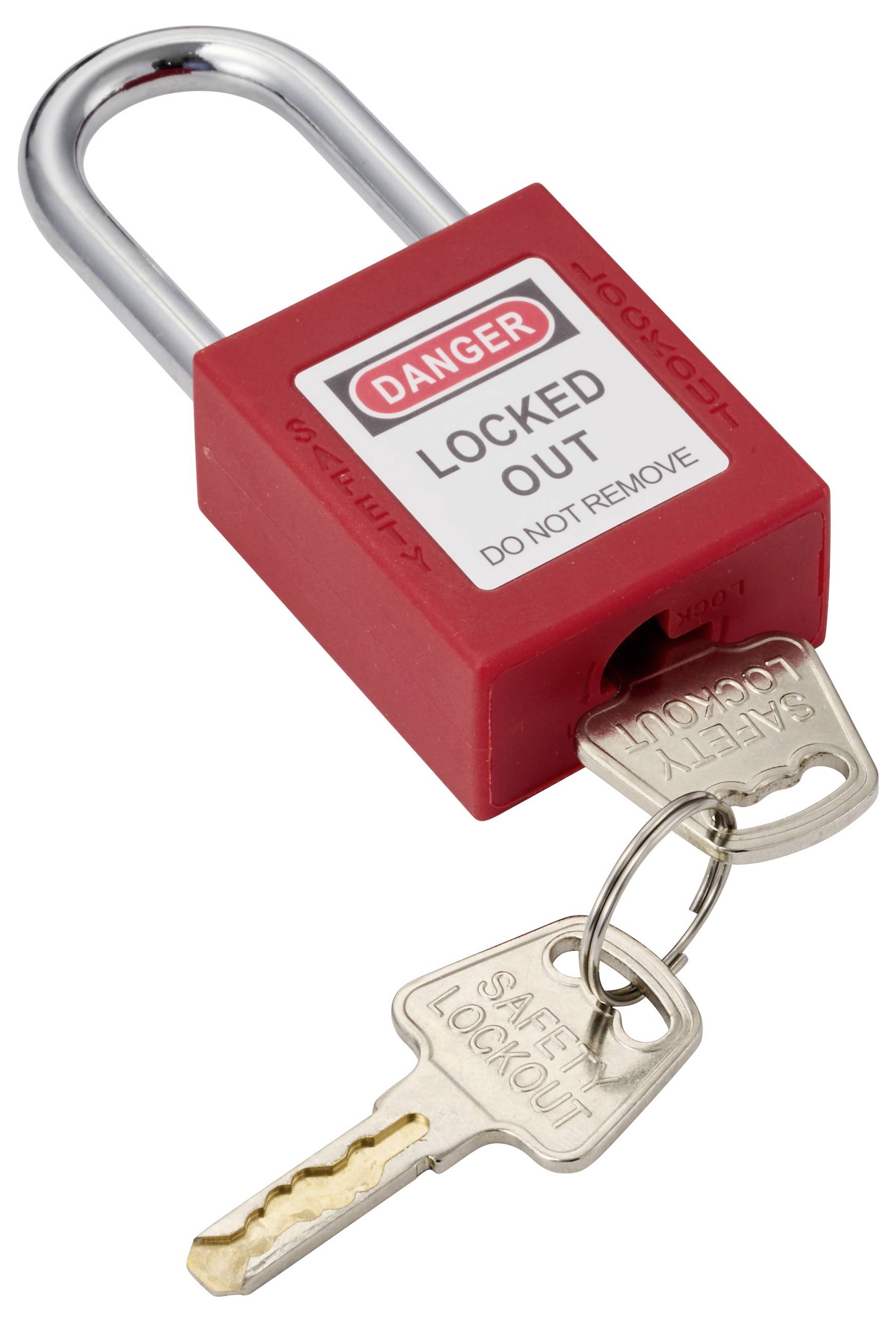 Ein roter Sicherheitsvorhängeschloss mit der Aufschrift "Gefahr Gesperrt Do Not Remove" ist an einem Schlüssel befestigt.