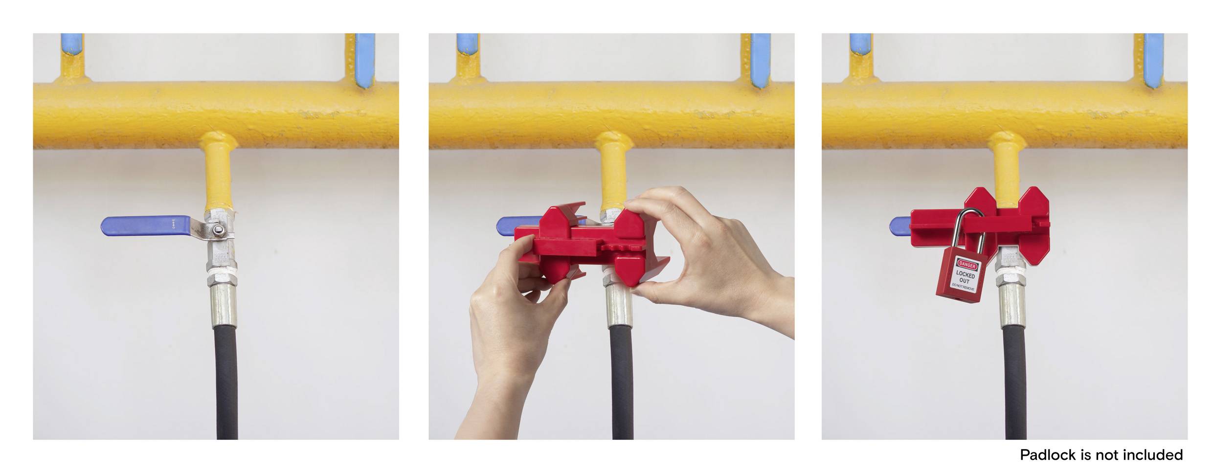 Drei Bilder zeigen die Installation eines roten Ventilabsperrgeräts an einer gelben Pipeline. Im dritten Bild wird ein Vorhängeschloss hinzugefügt. Vorhängeschloss nicht im Lieferumfang enthalten.