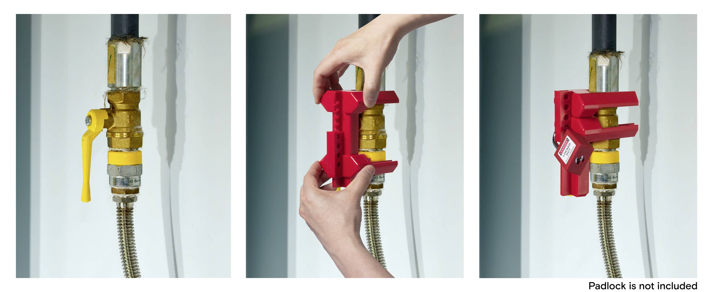 Drei Bilder zeigen die Schritte zur Verwendung einer Sperrvorrichtung an einem Gasventil: Ventil in Ausgangsposition, Vorrichtung angebracht und Sperrung gesichert.