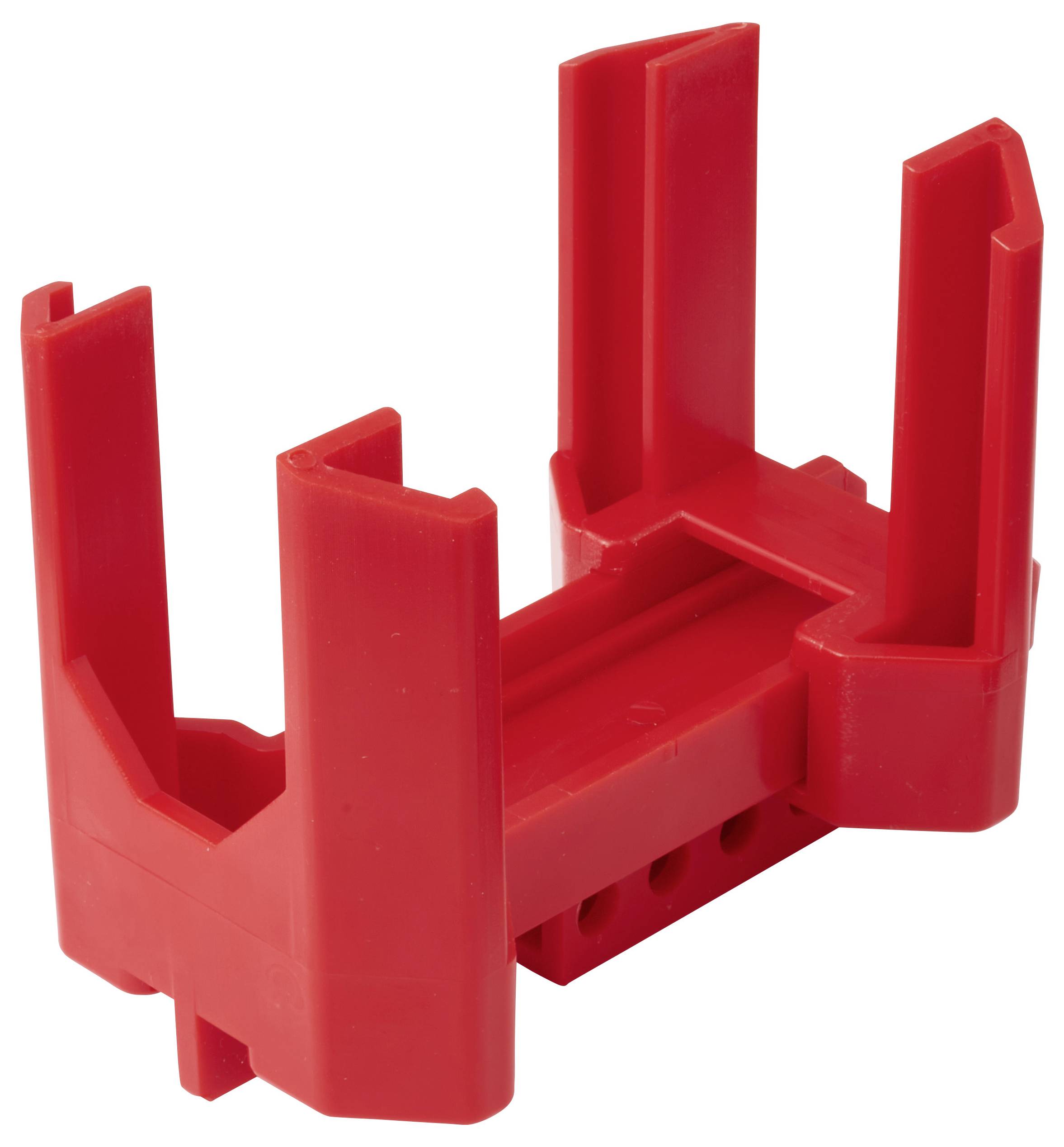 Roter Kunststoff-U-förmiger Werkzeughalter, entwickelt, um Werkzeuge sicher an ihrem Platz zu halten. Seine Struktur ermöglicht vertikale Werkzeugspeicherung und einfache Zugänglichkeit.