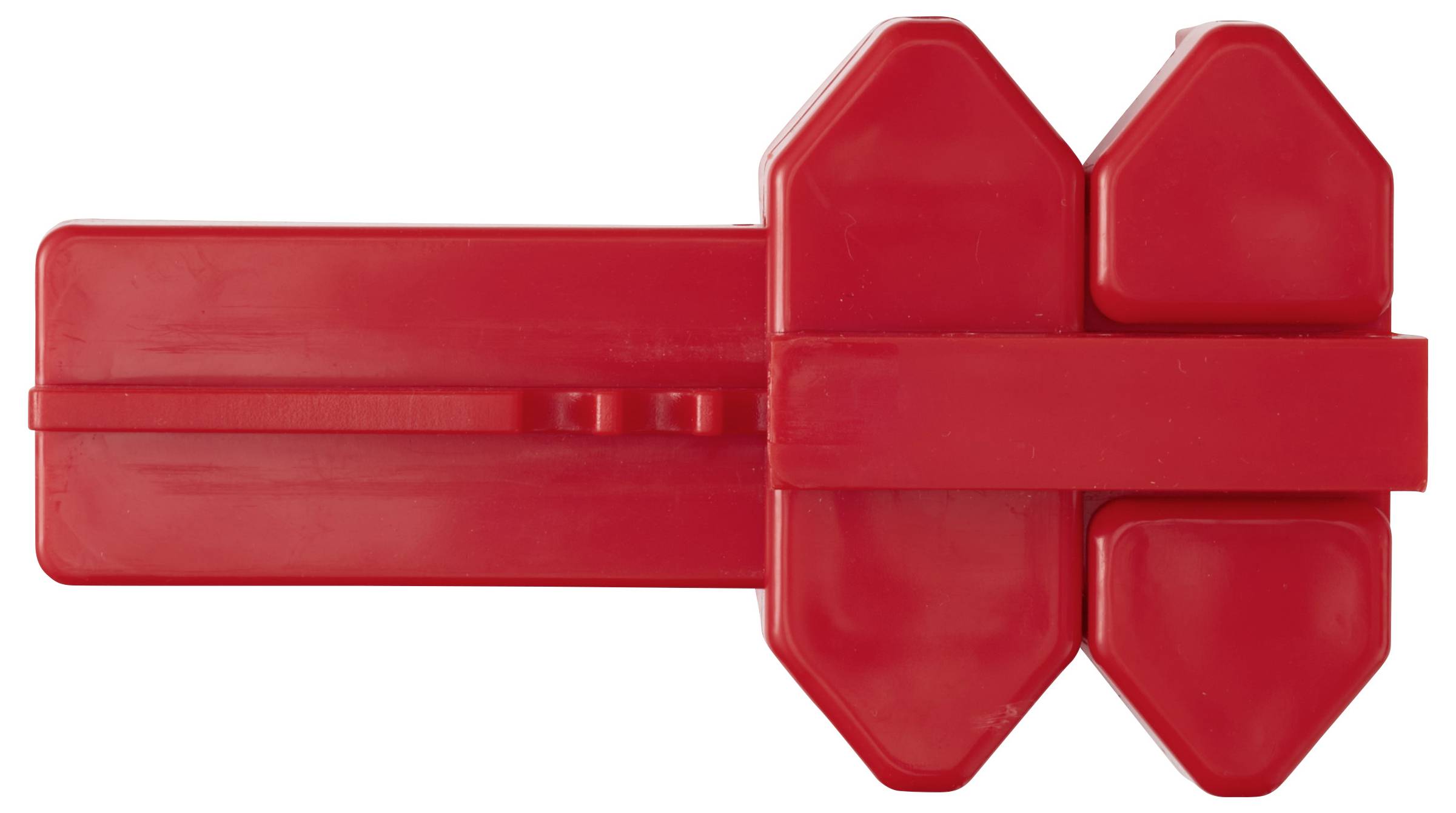 Ein roter, Plastik-Teppichhalter mit einem rechteckigen Griff und geometrischen Zinken, der entwickelt wurde, um Teppiche oder Läufer während des Transports zu befestigen.