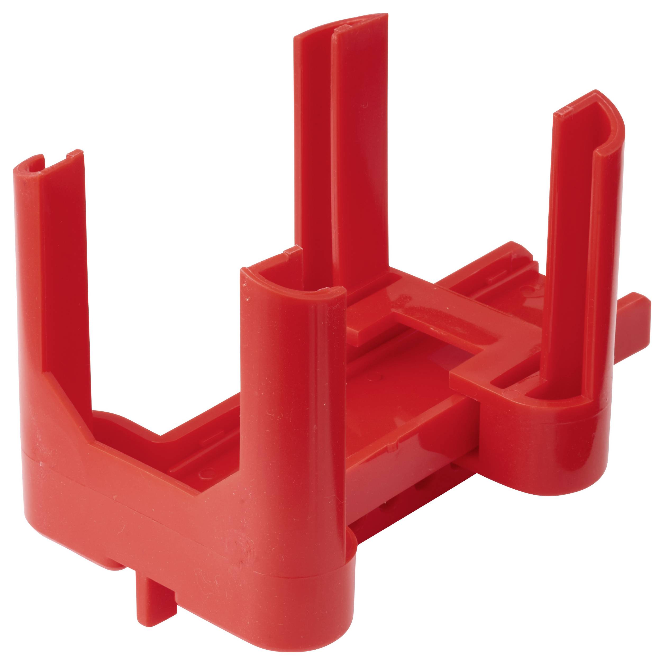 Ein roter Plastikgegenstand mit vier aufrechten Zinken, der dazu dient, ein anderes Objekt zu halten oder zu stabilisieren.