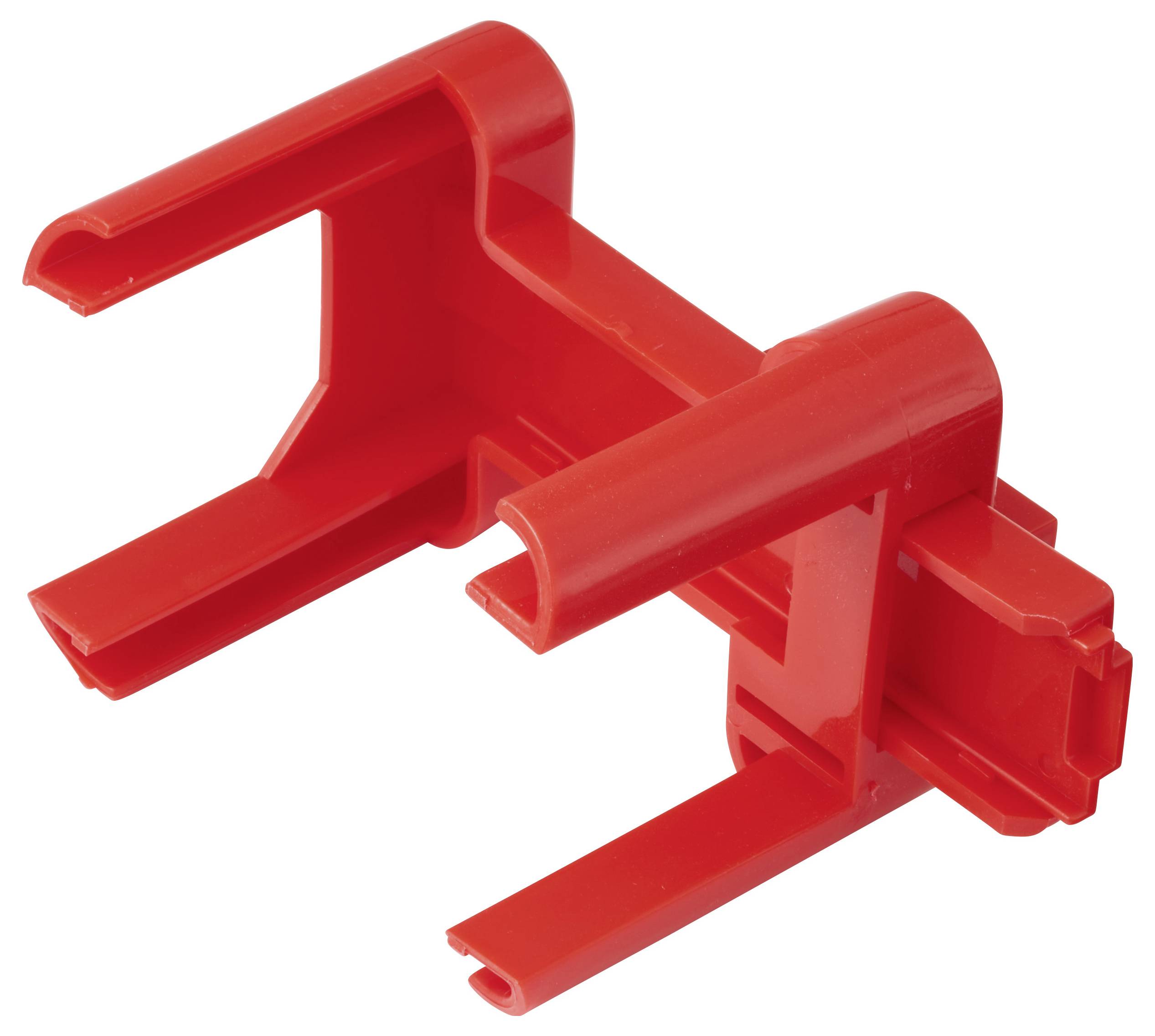 Eine rote Plastikklammer, die zum Halten oder Befestigen von Gegenständen entwickelt wurde und zwei Zinken sowie eine zentrale Scharnierstelle für Flexibilität aufweist.