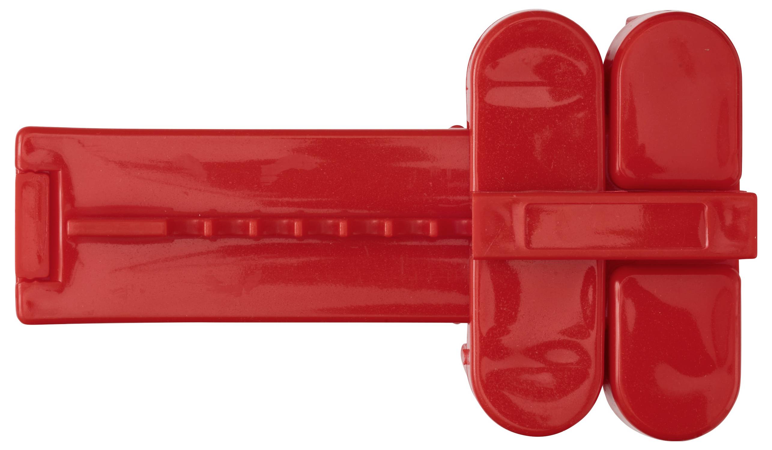 Eine rote Plastikklammer mit einem flachen Griff und abgerundeten Backen, die zum Verschließen von Tüten oder Verpackungen verwendet wird.