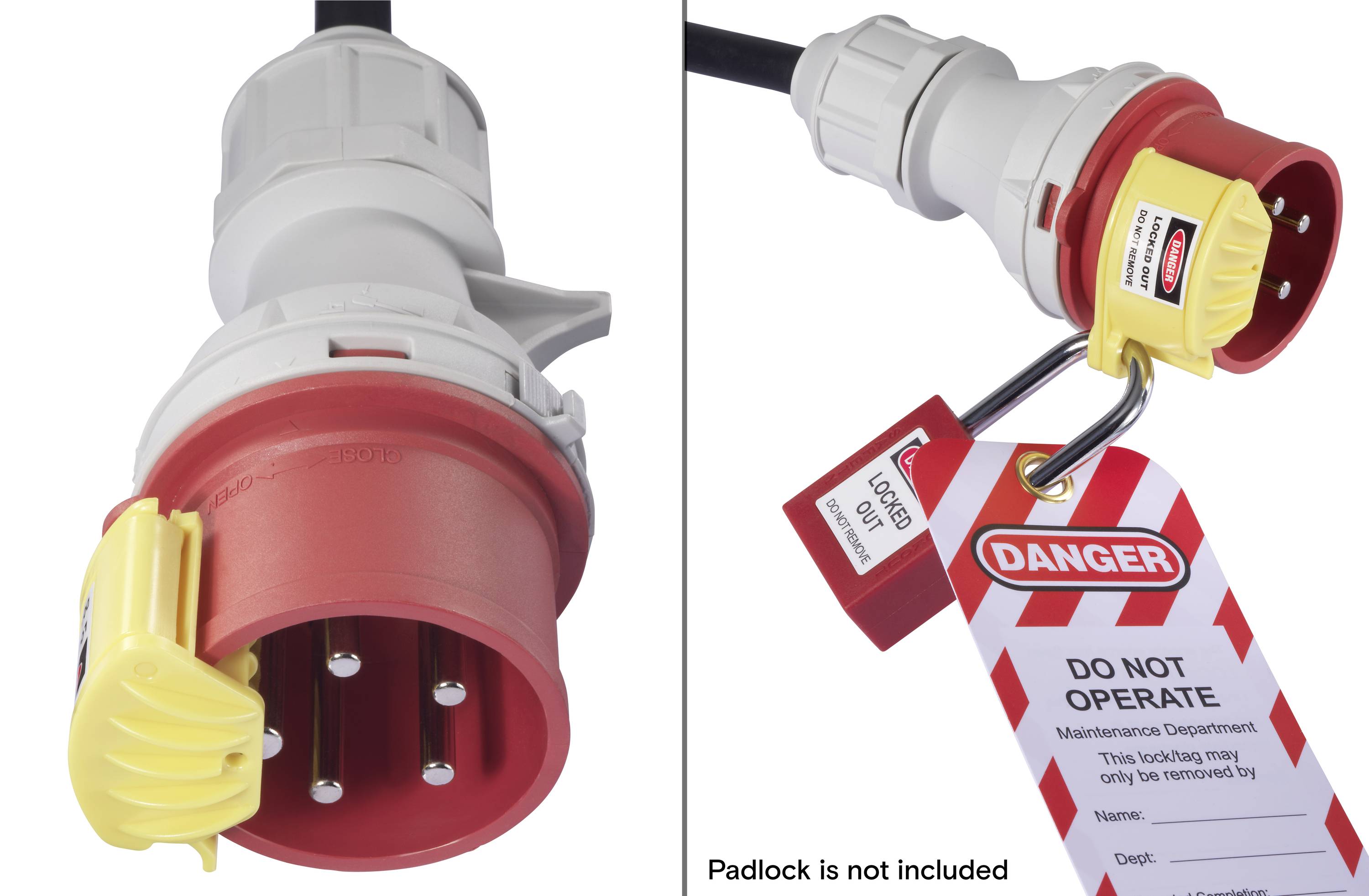 Zwei Bilder, die einen Stromstecker zeigen: links ein fünfpoliger Industriestecker; rechts derselbe Stecker mit Sperrvorrichtung und ‚NICHT BEDIENEN'-Schild.