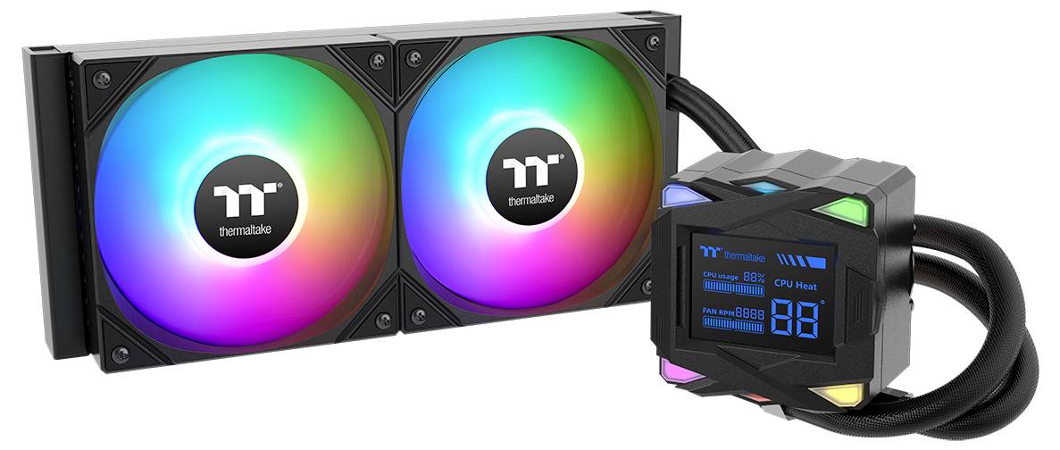 Ein Thermaltake Flüssigkeits-CPU-Kühler mit zwei RGB-Lüftern und einer Steuerungseinheit, die Temperaturinformationen anzeigt, der zur Kühlung von Computern verwendet wird.