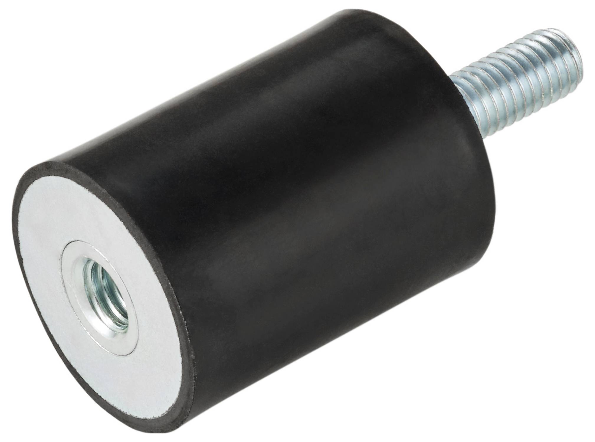 Eine Metallschraube mit einem schwarzen zylindrischen Gummipuffer, die als Vibrationsdämpfer oder Fuß in Maschinen verwendet wird und ein gewindetes Ende aufweist.