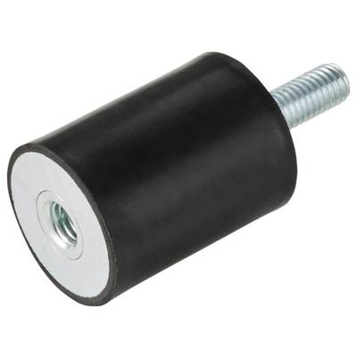 Eine Metallschraube mit einem schwarzen zylindrischen Gummipuffer, die als Vibrationsdämpfer oder Fuß in Maschinen verwendet wird und ein gewindetes Ende aufweist.