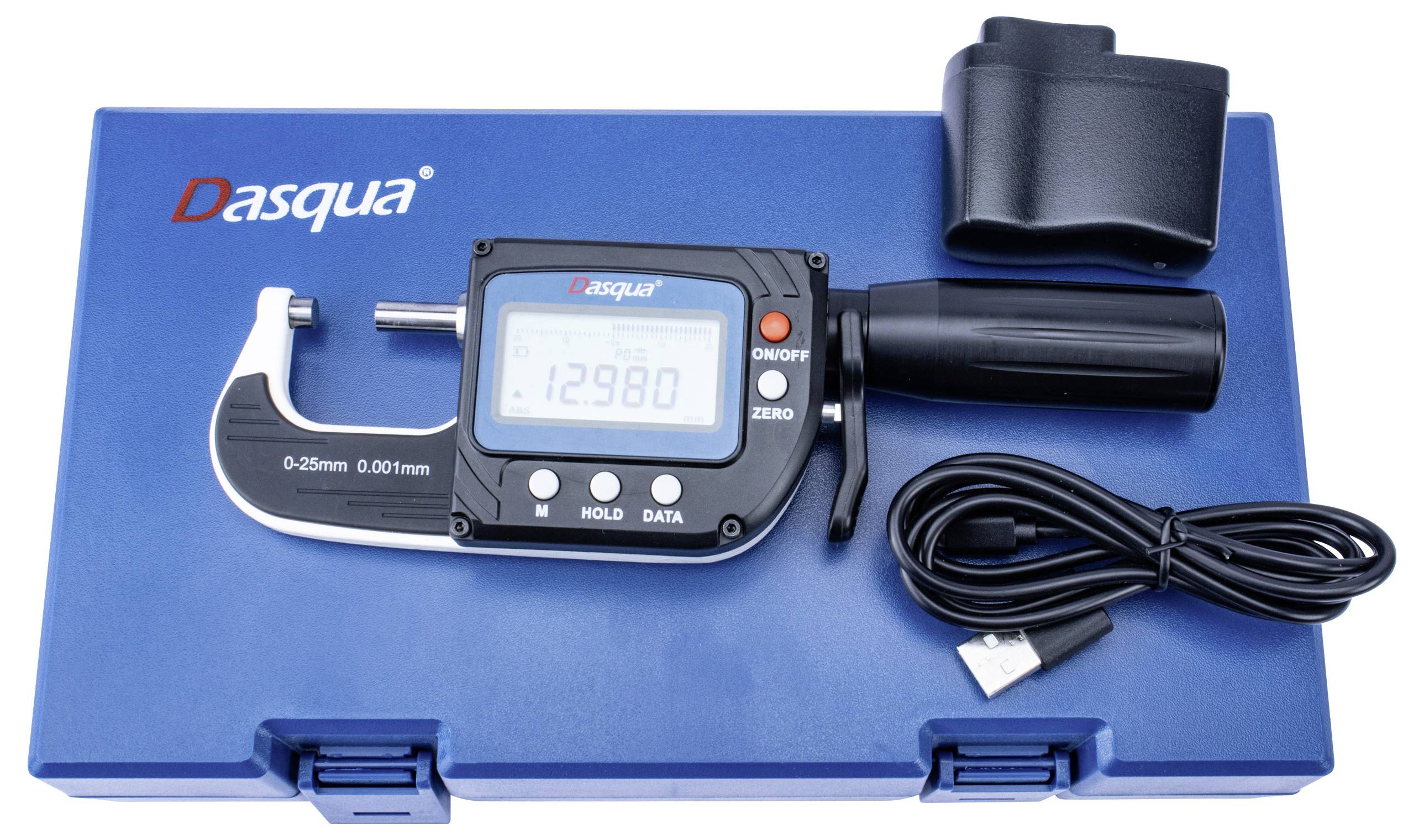 Digitales Mikrometerset mit Display, das '12,980' anzeigt. Enthält Koffer, USB-Kabel und Abdeckung.