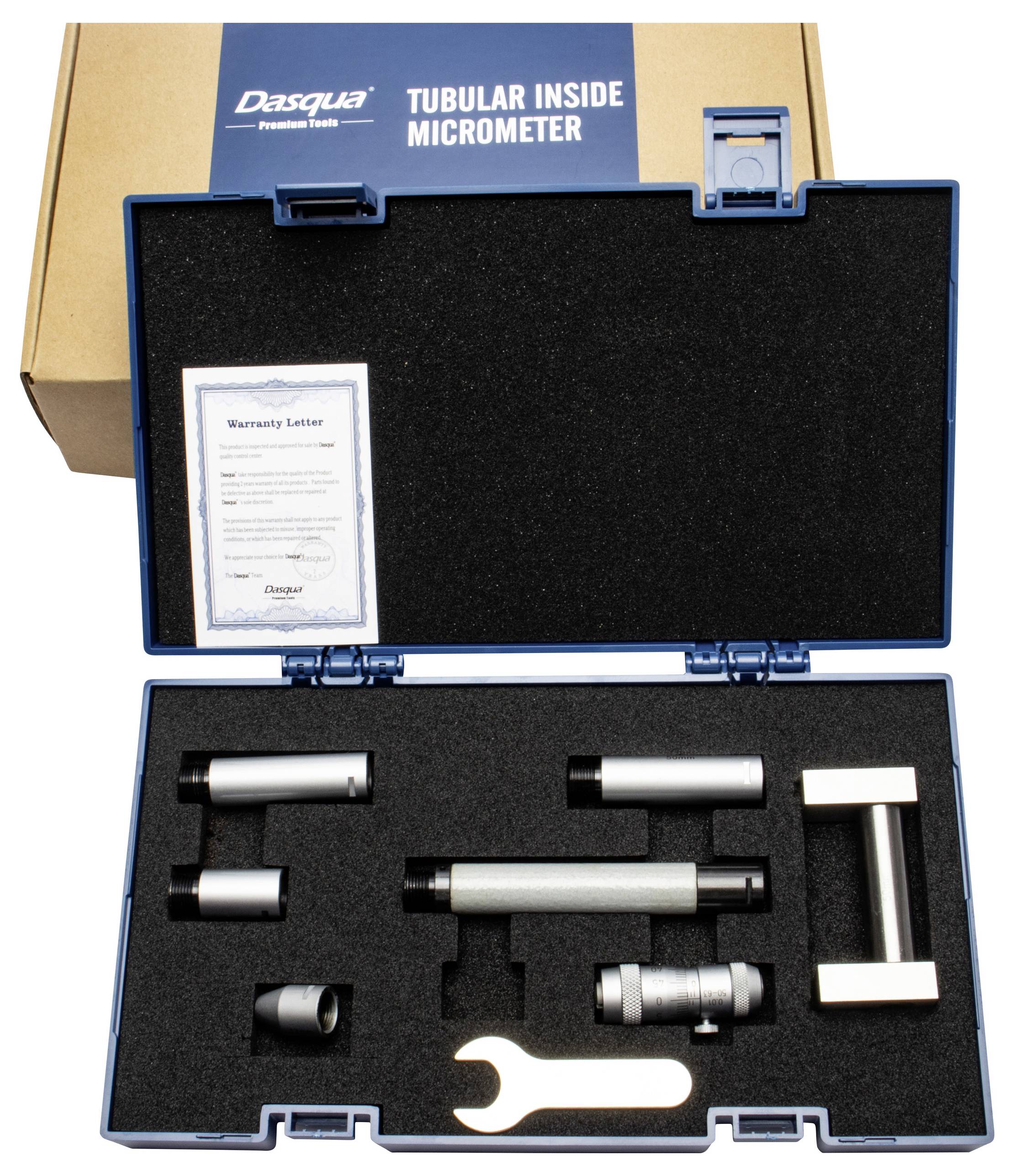 Rohrmessschrauben-Set in einem blauen Koffer mit Messwerkzeugen und einem Garantieschreiben.