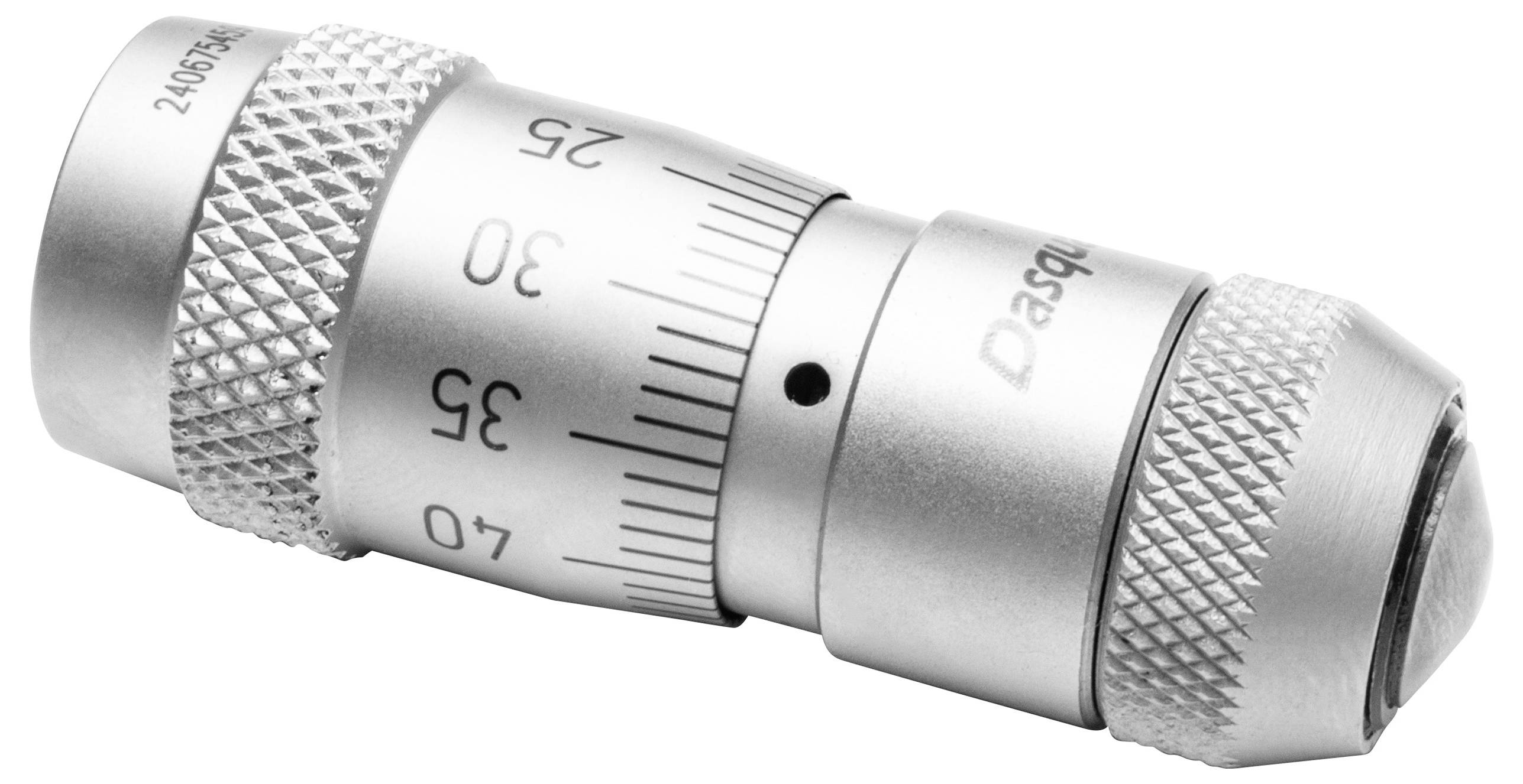 Eine Nahaufnahme eines silbernen Mikrometers mit Messskalen, die von 25 bis 40 Millimeter reichen, verwendet für präzise Messungen in der Technik.