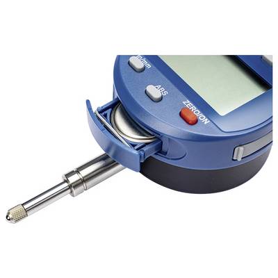 Ein digitales Messgerät mit einer Metallsonde, Tasten mit den Beschriftungen 'Ein/Aus', 'ABS' und 'Null'. Eine Batterie ist teilweise herausgeschoben.
