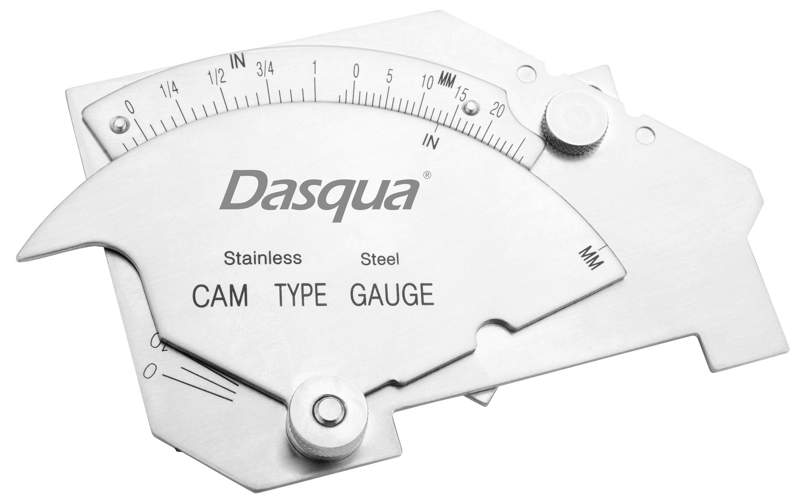 Lehrenkaliber vom Typ Cam mit der Aufschrift "Dasqua Edelstahl" mit metrischen und Zoll-Maßangaben, verwendet zur Messung von Metalldicken und Schweißnahtprüfung.