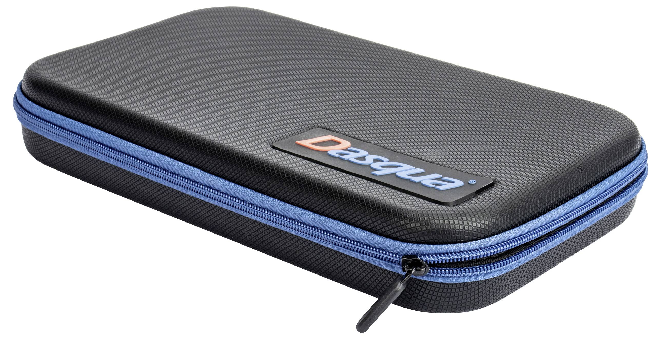 Ein schwarzes Etui mit einem blauen Reißverschluss und einem Logo oben, möglicherweise zum Aufbewahren von Werkzeugen oder anderen Kleingegenständen.