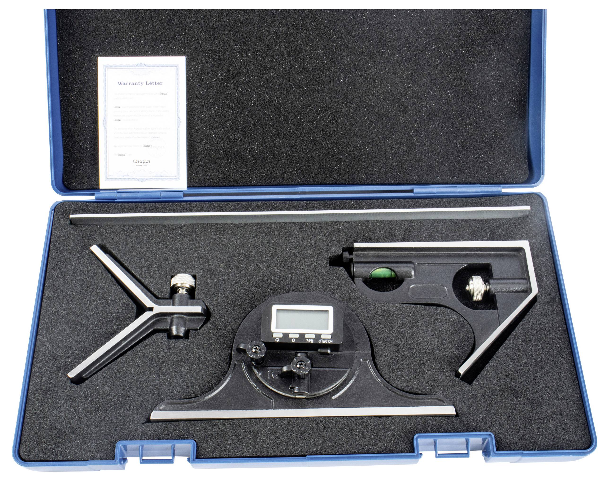 Eine blaue Schutzbox mit Präzisionsmessgeräten, darunter ein digitales Messgerät, ein Winkelmesser und weitere Metallinstrumente.