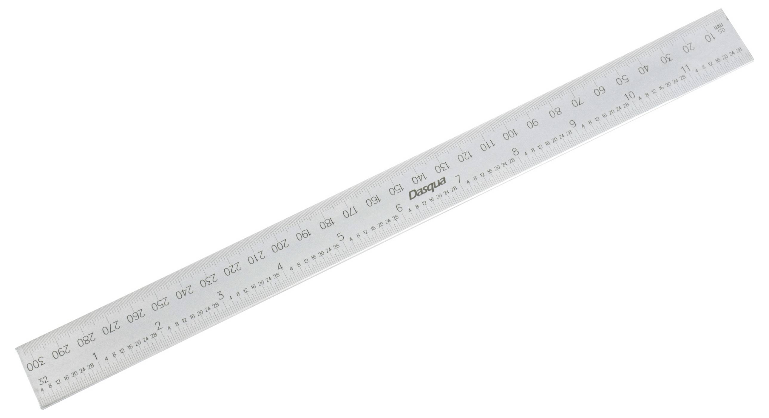 Ein 300 mm Metallmaßstab mit Zentimeter- und Millimetermarkierungen, beschriftet mit 'Draper', verwendet für präzise Messungen beim Zeichnen oder in der Handwerksarbeit.
