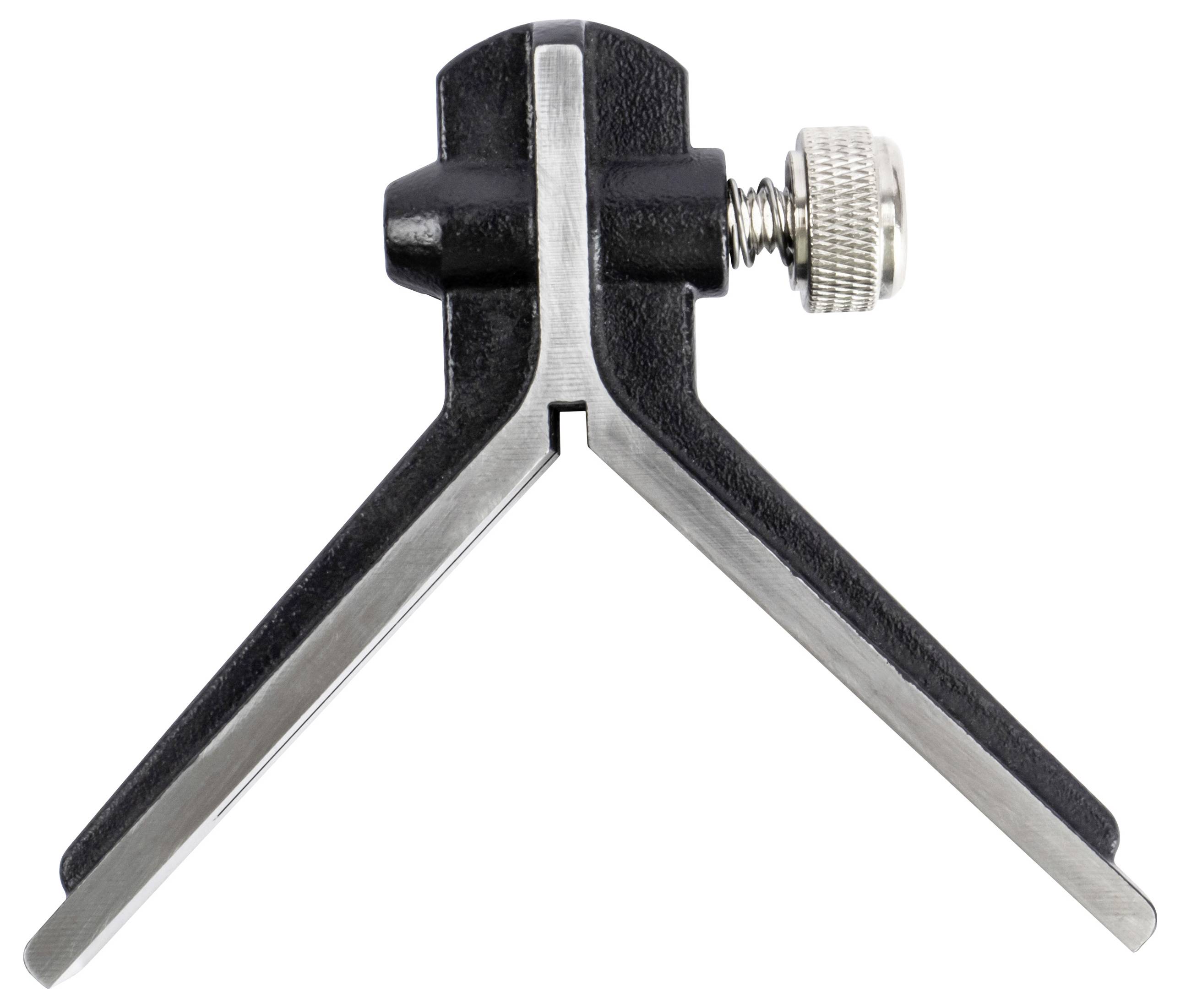 Eine schwarze U-förmige Vorrichtungshilfe mit einem silbernen Einstellknopf oben, die zum Positionieren und sicheren Festhalten von Objekten verwendet wird.