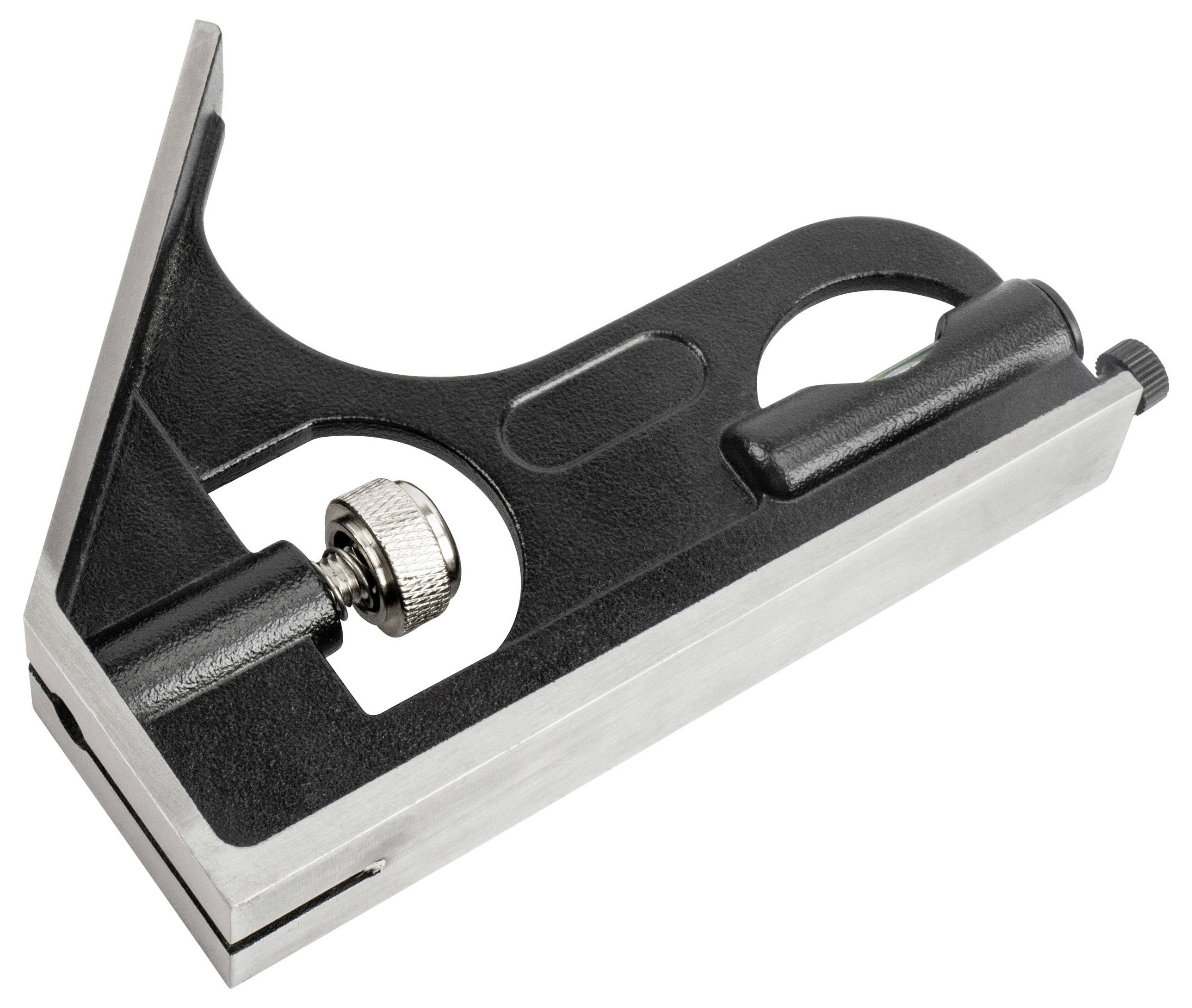 Ein Metallwinkel mit schwarzem Griff und silberner Klinge, der zum Messen und Markieren von rechten Winkeln in der Holz- oder Bauwerksarbeit verwendet wird.