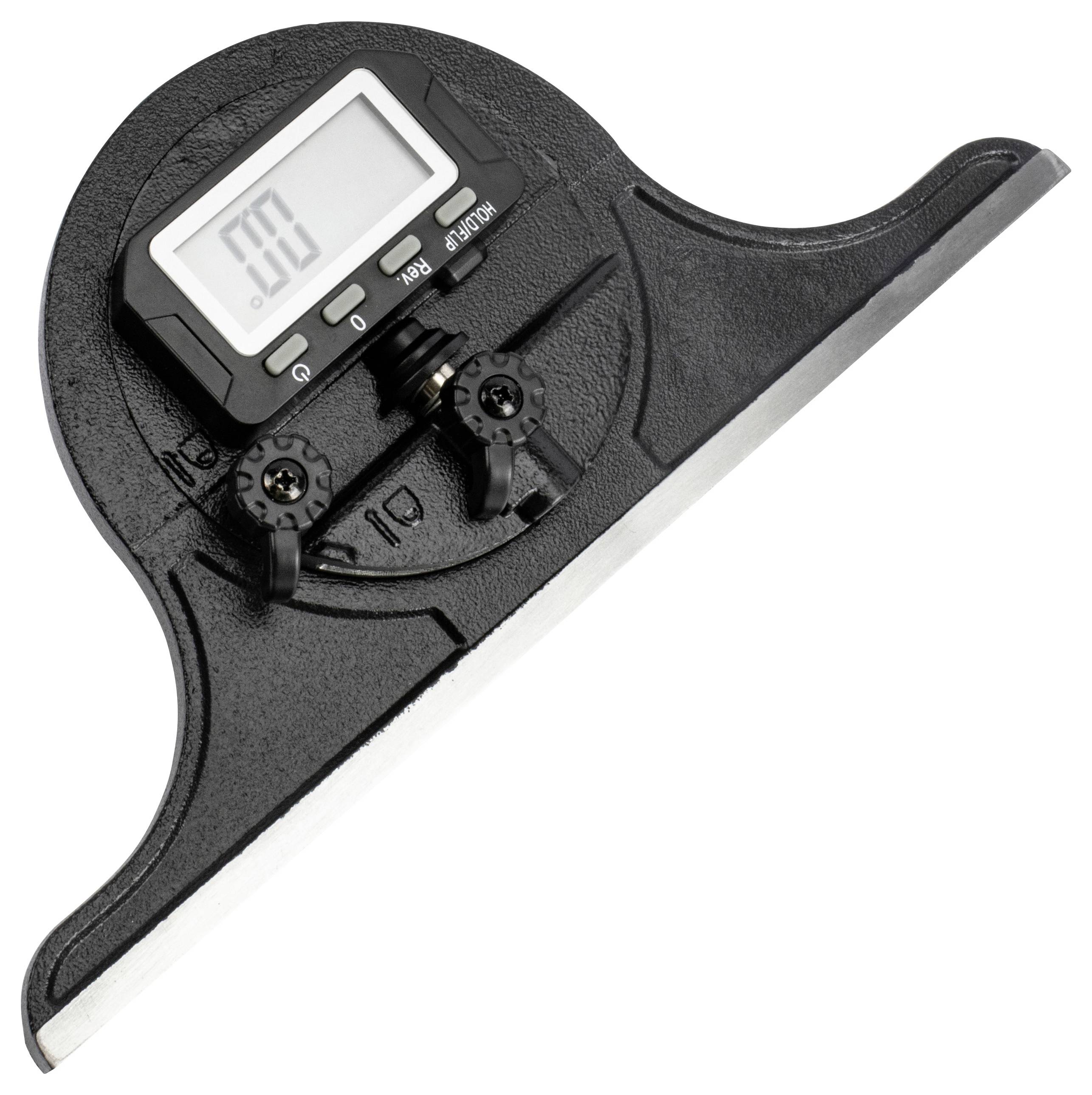 Ein digitaler Winkelmesser mit einem gebogenen schwarzen Gehäuse und einer Edelstahlkante. Der LCD-Bildschirm zeigt '0,0' an. Zwei Einstellknöpfe sind sichtbar.