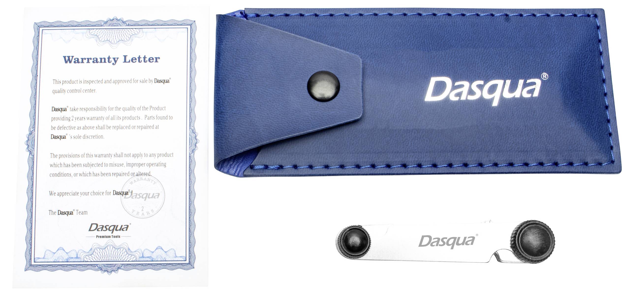 Garantieschein neben einem blauen Dasqua-Beutel und einem kleinen weißen Werkzeug mit dem Dasqua-Logo. Die Garantie unterstreicht das Qualitätsversprechen des Produkts.