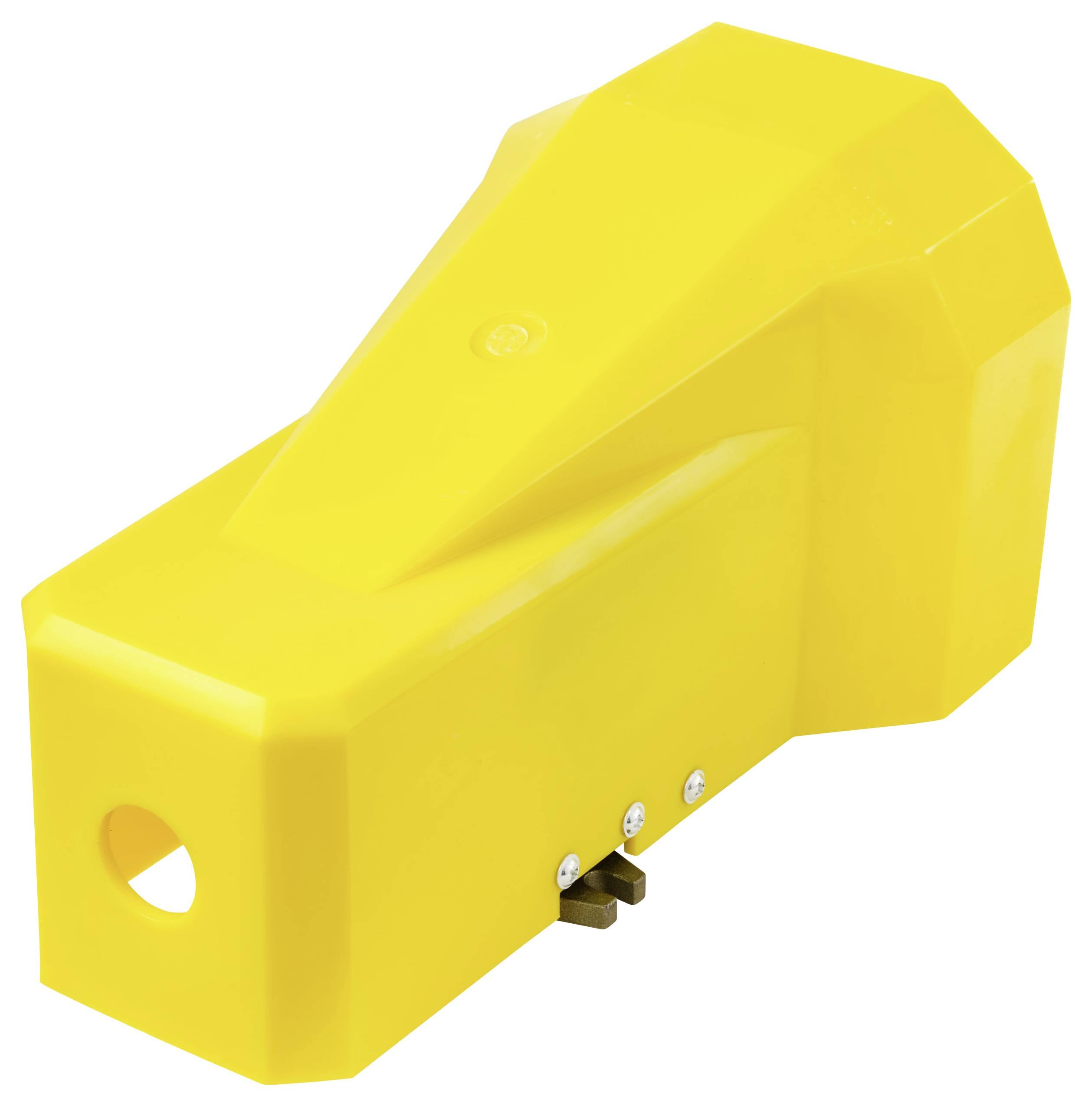 Ein gelber, robuster Anhängerkupplungsschloss, der entwickelt wurde, um Anhängerdiebstahl zu verhindern, mit einer stabilen rechteckigen Form und einem Metallbolzen.