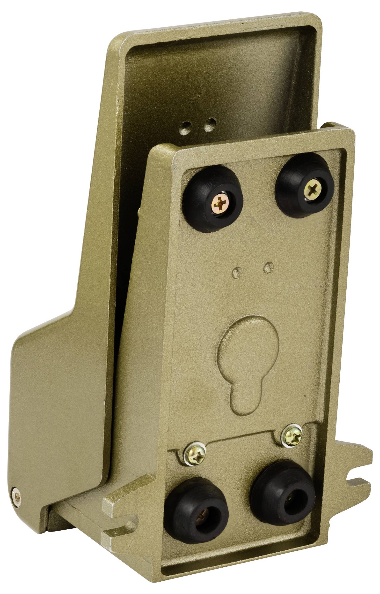 Goldfarbener Metalltürschloss mit vier schwarzen Gumminoppen und zwei Schrauben, konzipiert für eine sichere Montage an Türen.