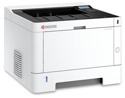 Ein weißer Kyocera Laserdrucker mit Bildschirm und Bedienfeld, ausgestattet mit mehreren Papierfächern und einem USB-Anschluss an der Vorderseite.