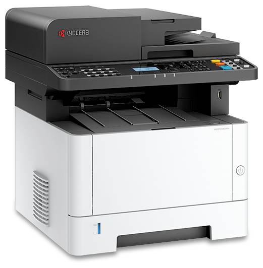 Ein grauer und weißer Kyocera-Multifunktionsdrucker mit Bedienfeld, Papierfach und Einschaltknopf.