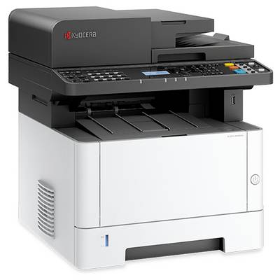 Ein Multifunktionsdrucker mit Bedienfeld, Papierfach und sichtbarem Ausgabebereich, für den Bürogebrauch konzipiert.