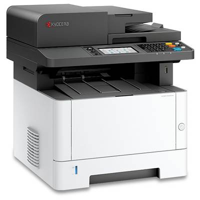 Ein schwarzweißer Kyocera Multifunktionsdrucker mit Scanner und digitalem Display, konzipiert für den Bürogebrauch.
