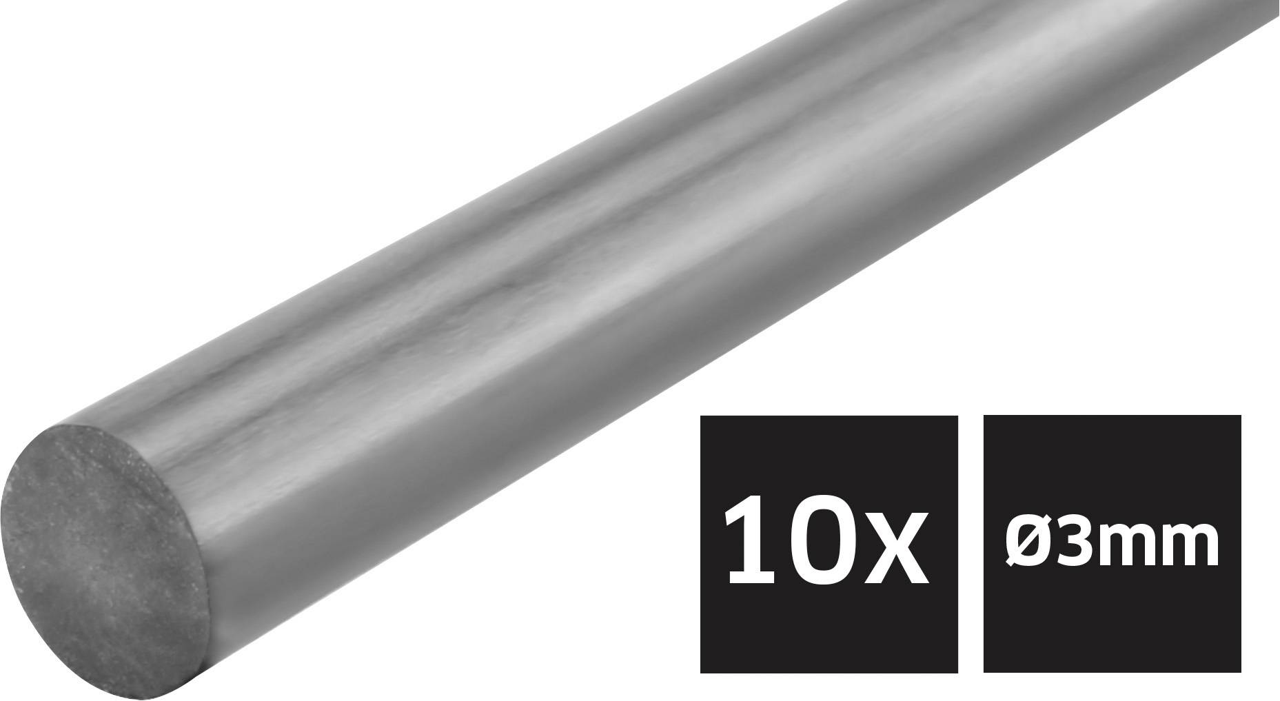 Ein zylindrischer Metallstab ist abgebildet, gekennzeichnet mit '10x Ø3mm', was eine Reihe von zehn Stäben anzeigt, von denen jeder einen Durchmesser von 3 Millimetern hat.
