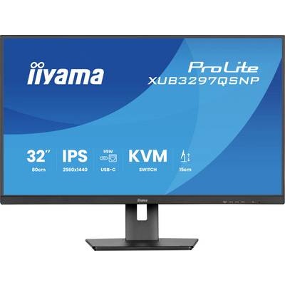 Iiyama ProLite XUB3297QSNP Monitor mit blauem Hintergrund. Merkmale: 32-Zoll-Bildschirm, IPS, Auflösung 2560x1440, USB-C, 95W, KVM-Switch.