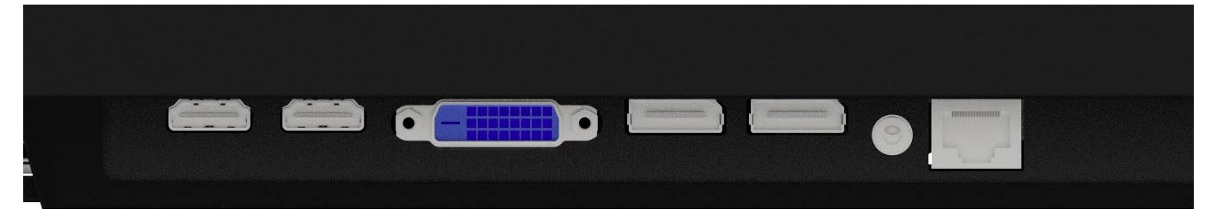 Das Bild zeigt die Rückseite eines Monitors mit verschiedenen Anschlüssen: zwei USB-Anschlüsse, einen DVI-Anschluss, einen HDMI-Anschluss, einen DisplayPort und einen Stromanschluss.