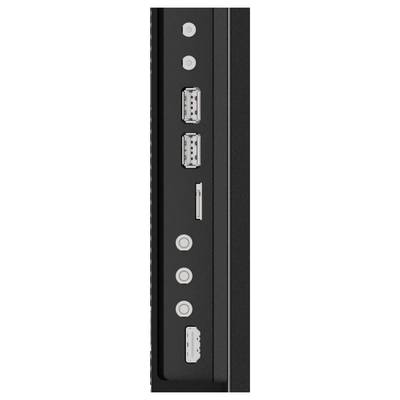 Eine vertikale Reihe von schwarzen Anschlüssen und Ports an einem elektronischen Gerät, einschließlich USB, HDMI und Audioausgängen, symmetrisch angeordnet.