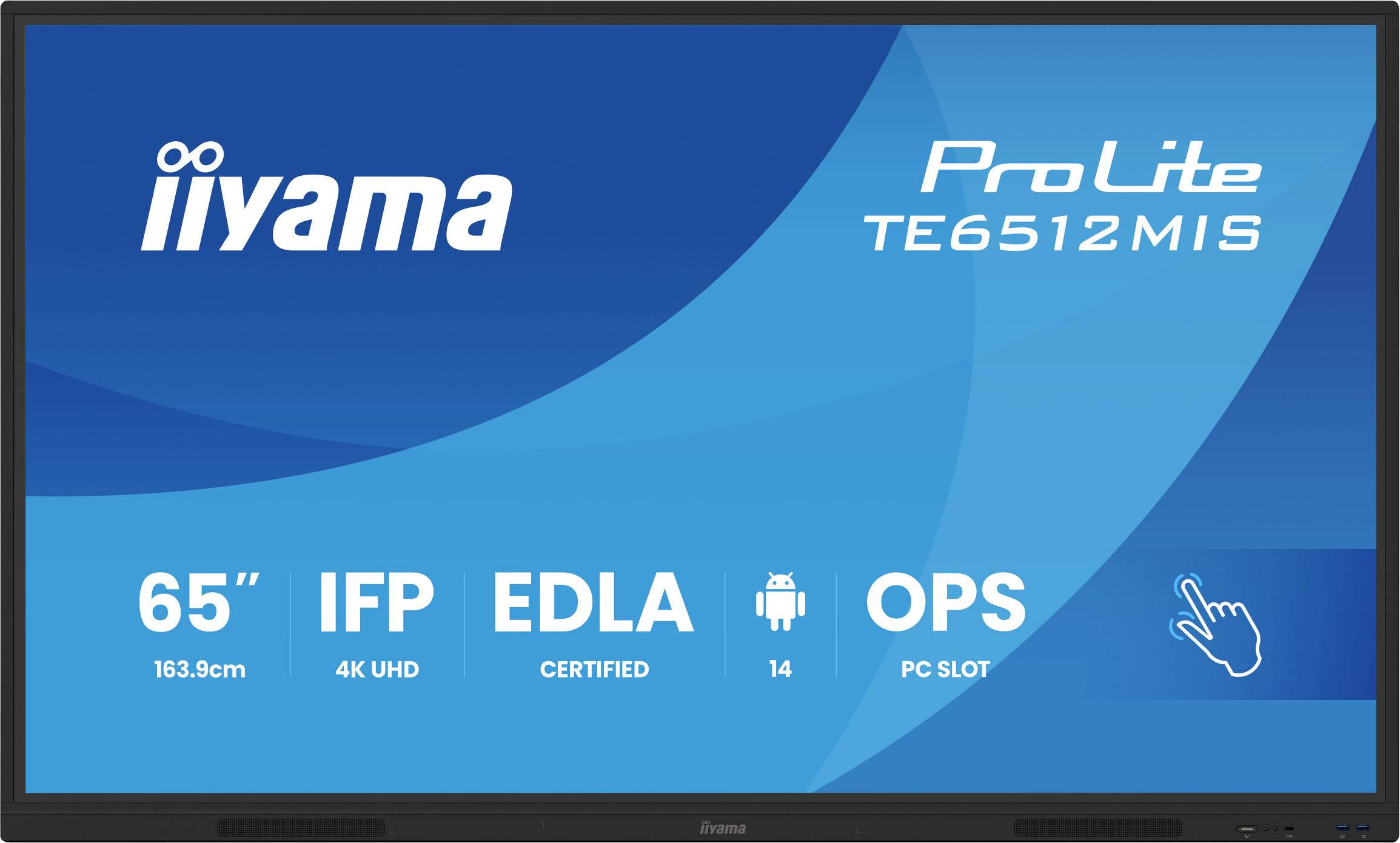 Ein Bildschirm mit der Anzeige 'iiyama ProLite TE6512MIS', der folgende Merkmale hervorhebt: 65" 4K UHD, IFP, EDLA-zertifiziert, Android 14, OPS-PC-Steckplatz.