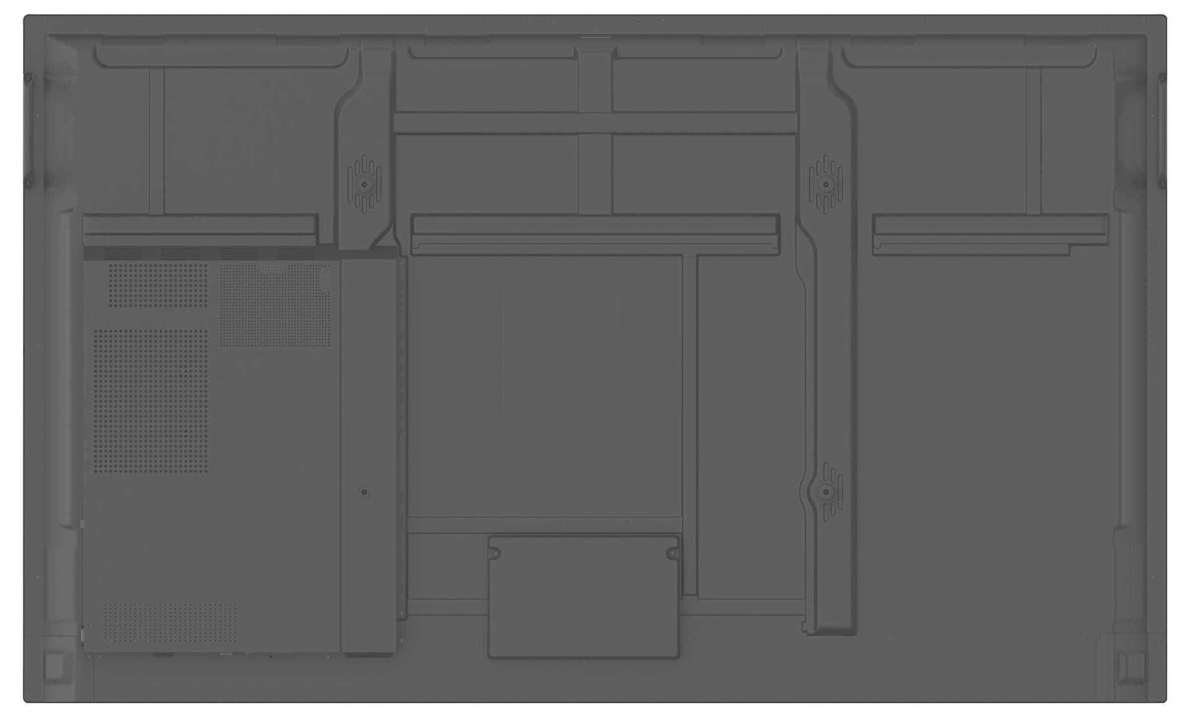Rückseite eines großen elektronischen Anzeigedisplays mit verschiedenen Fächern und Montagekonstruktionen.