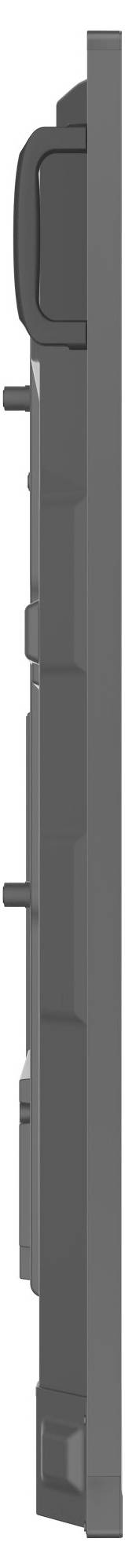 Seitenansicht eines grauen, rechteckigen elektronischen Geräts mit vorstehenden Anschlüssen und einer geschwungenen oberen Kante.