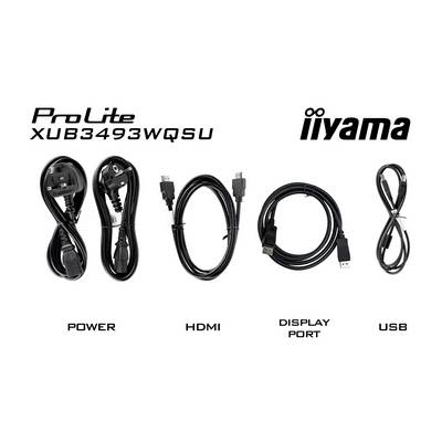 Für den iiyama ProLite XUB3493WQSU Monitor benötigte Kabel: Netzkabel, HDMI, DisplayPort und USB, von links nach rechts dargestellt.