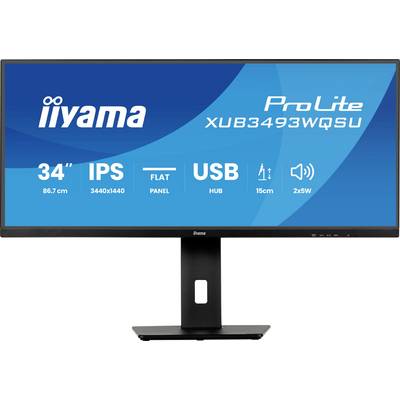 Ein Flachbildschirm mit der Anzeige 'iiyama ProLite XUB3493WQSU', 34 Zoll, Auflösung von 3440x1440, IPS-Panel, mit USB-Hub, 15 cm Standfuß und 2x5W Lautsprechern.